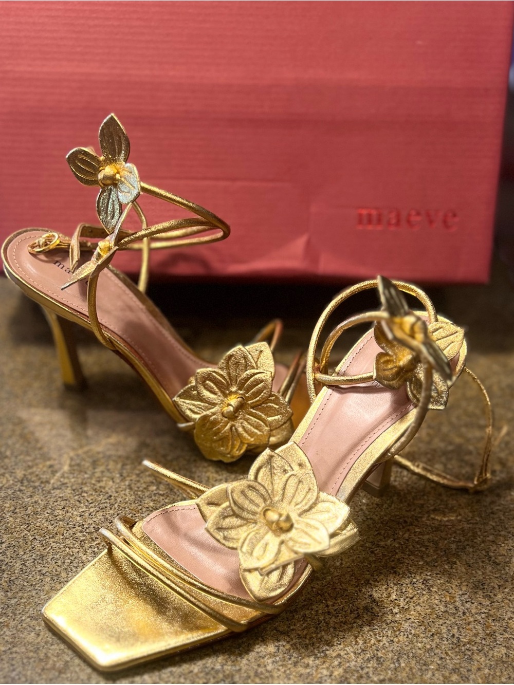 Maeve Gold Metallic Floral Strappy Heels
